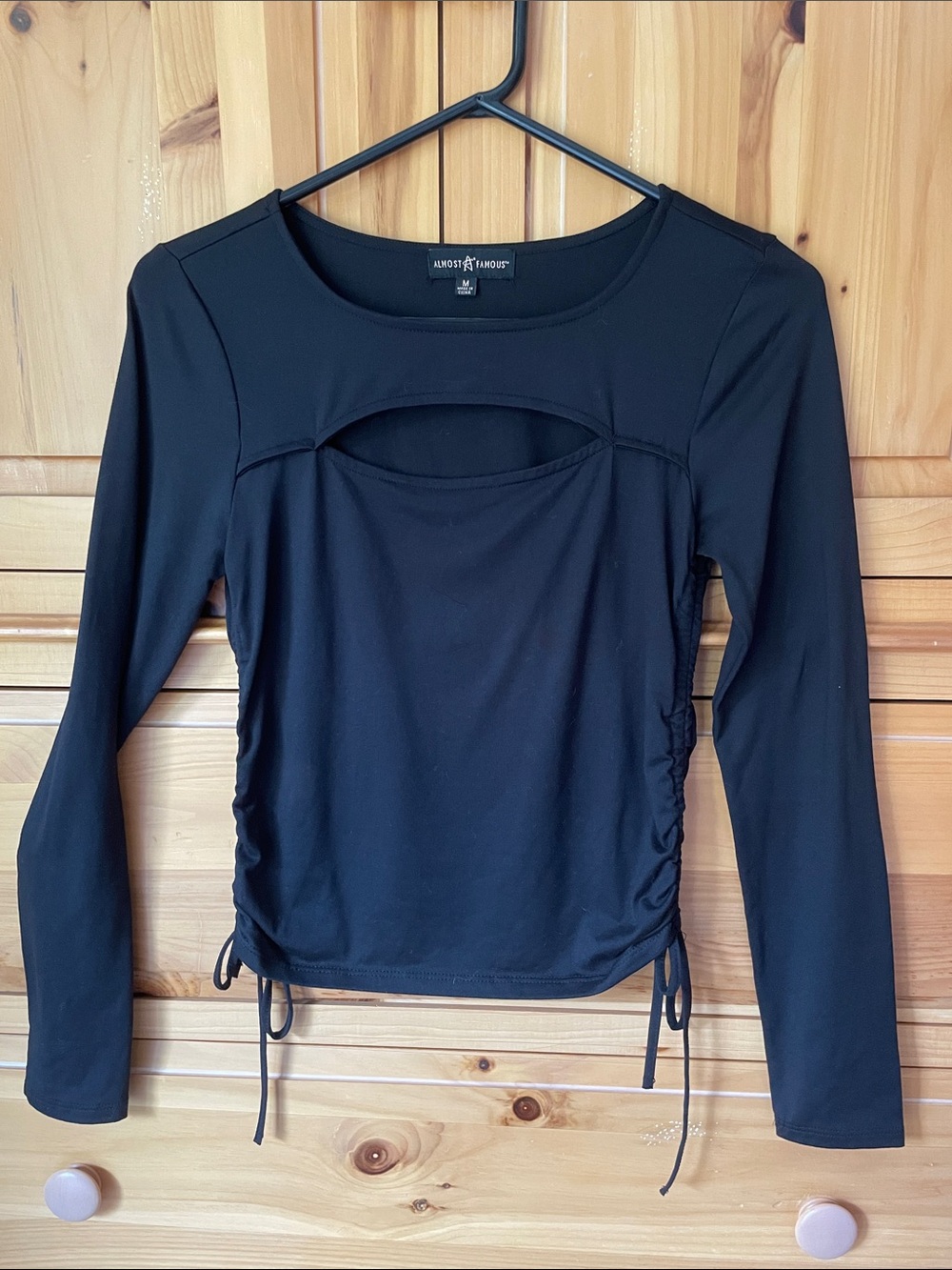 Almost Famous Black Long Sleeve Cutout Ruched Top